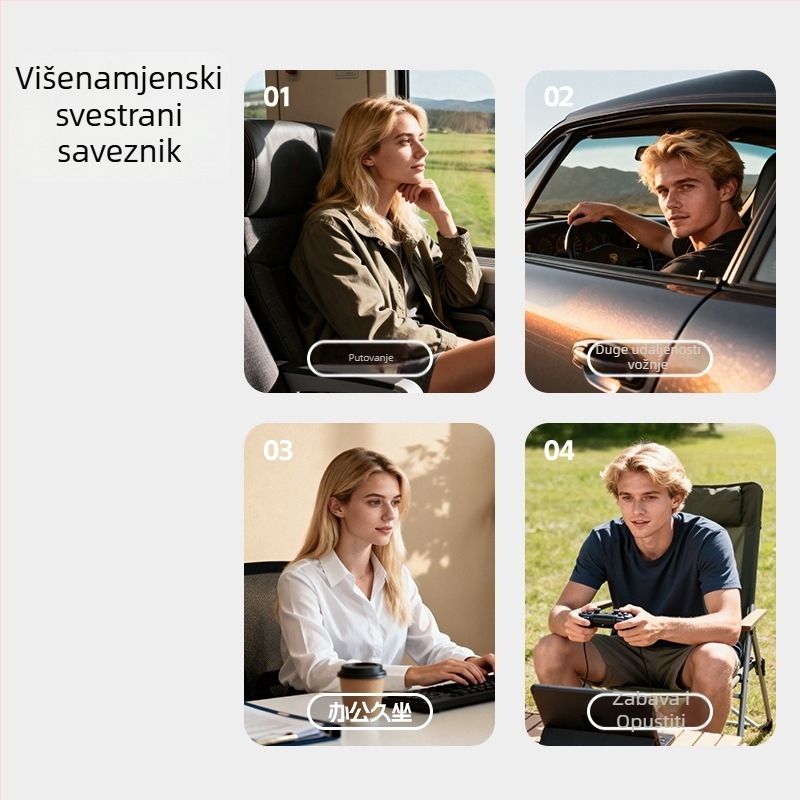 Cyan U-oblikovani putni jastuk od PVC-a, napuhivanje zrakom, crtani stil, pogodna za automobil, putovanja, kampiranje i zrakoplov