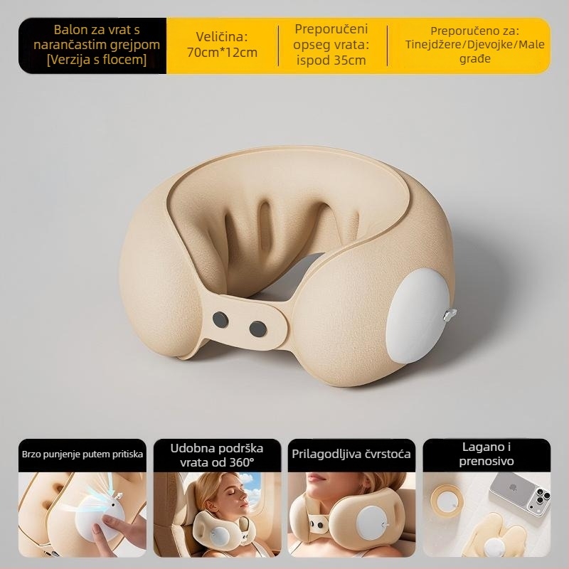 Cyan U-oblikovani putni jastuk od PVC-a, napuhivanje zrakom, crtani stil, pogodna za automobil, putovanja, kampiranje i zrakoplov