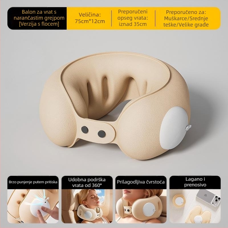 Cyan U-oblikovani putni jastuk od PVC-a, napuhivanje zrakom, crtani stil, pogodna za automobil, putovanja, kampiranje i zrakoplov