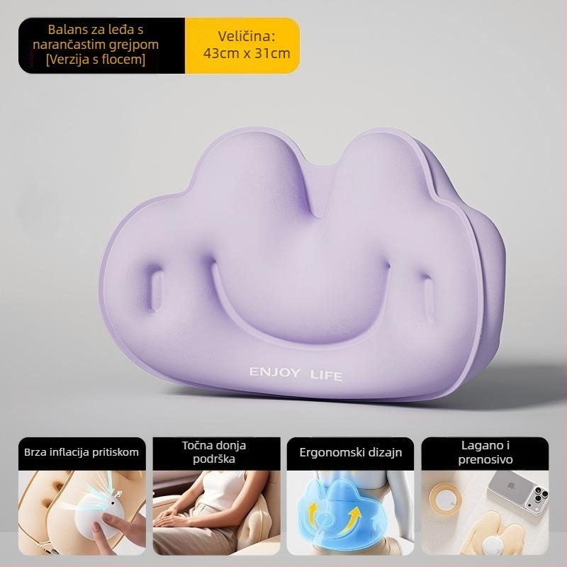 Cyan U-oblikovani putni jastuk od PVC-a, napuhivanje zrakom, crtani stil, pogodna za automobil, putovanja, kampiranje i zrakoplov