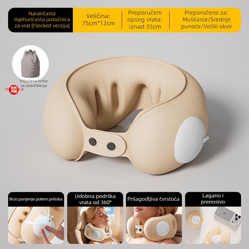 Cyan U-oblikovani putni jastuk od PVC-a, napuhivanje zrakom, crtani stil, pogodna za automobil, putovanja, kampiranje i zrakoplov