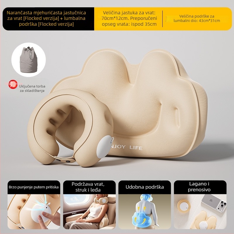 Cyan U-oblikovani putni jastuk od PVC-a, napuhivanje zrakom, crtani stil, pogodna za automobil, putovanja, kampiranje i zrakoplov