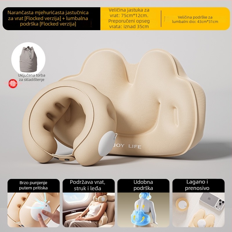 Cyan U-oblikovani putni jastuk od PVC-a, napuhivanje zrakom, crtani stil, pogodna za automobil, putovanja, kampiranje i zrakoplov