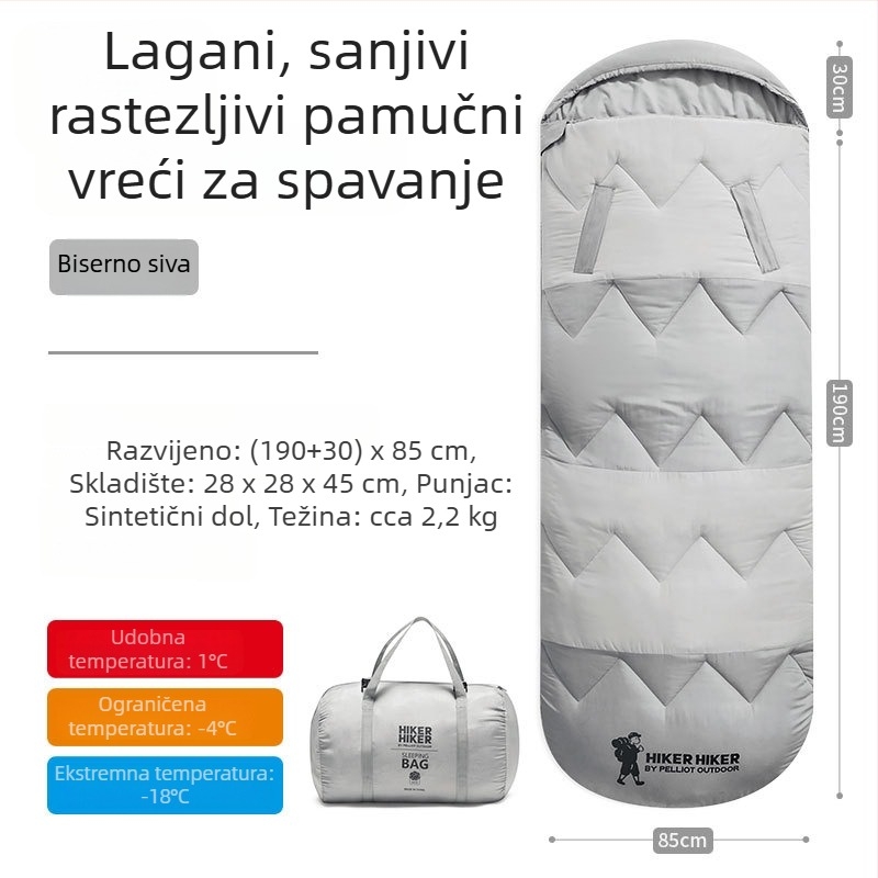 Vanjska kamperska spavaća vreća, punilo: imitacija pamuka perja, podstava: čisti pamuk, tkanina: 210T, konstrukcija: kuvertni oblik, težina: 2,2 kg