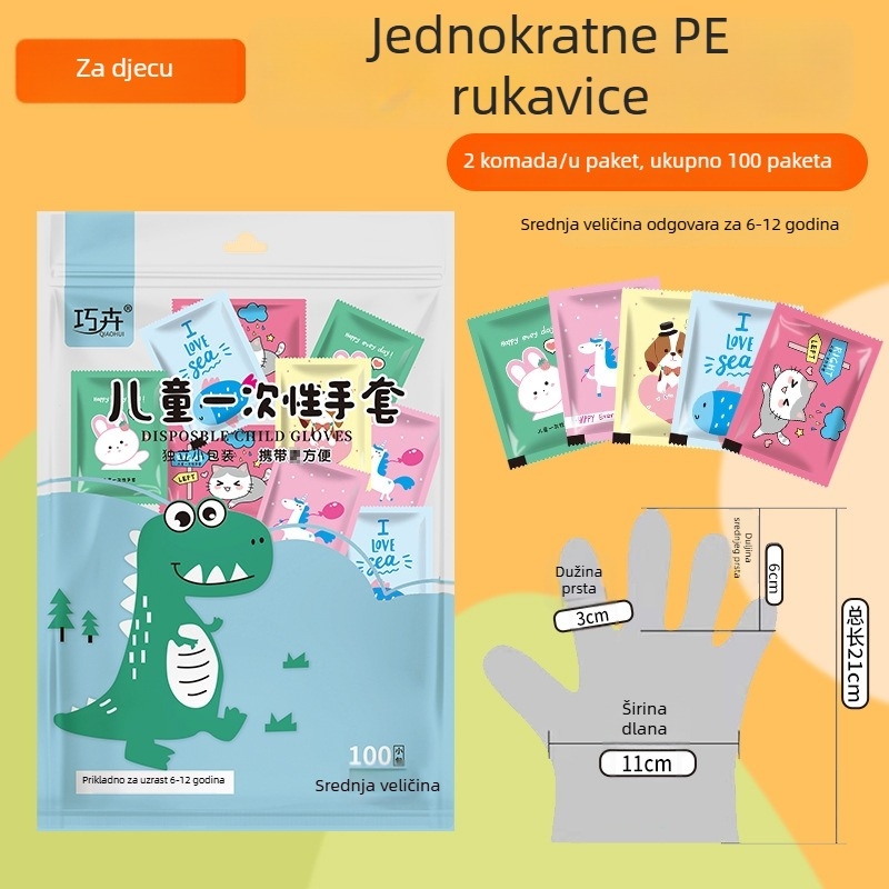Jednokratne debeli PE rukavice za catering, dječji crtani stil, pojedinačno pakirane, prozirne, 2 kom.