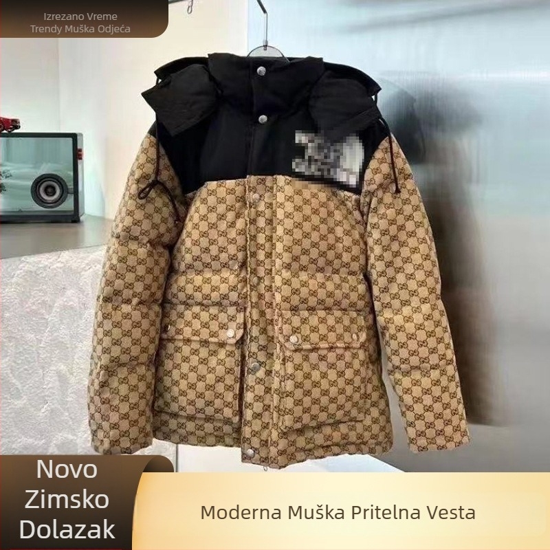 Muška zimska jakna s kapuljom, pamuk punjenje, jacquard tkanina, 3D patch džepovi, zatvarač