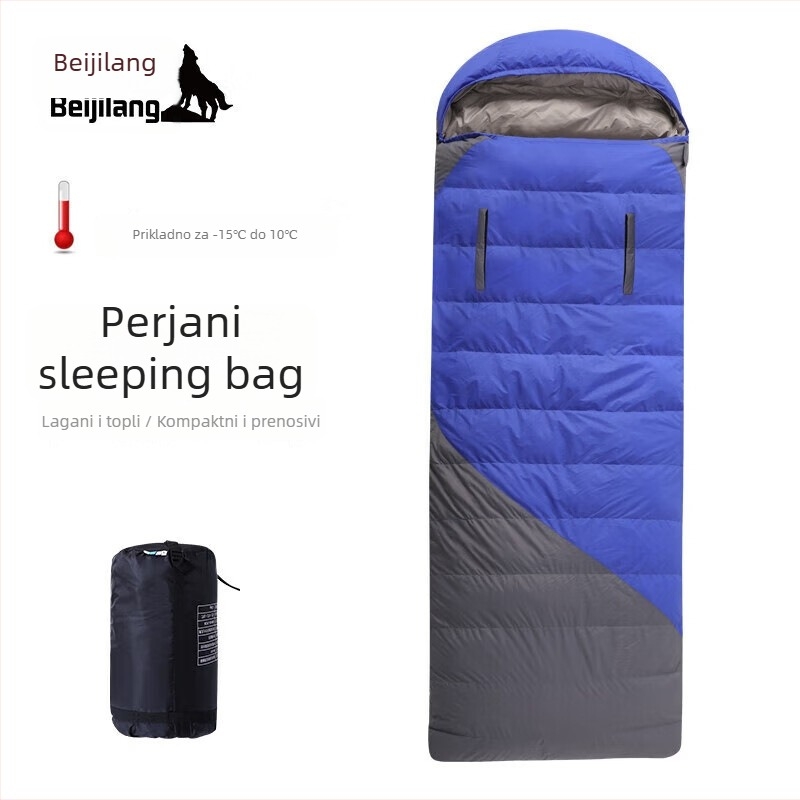 Spavaća vreća za odrasle za kampiranje s punilom od pernog velura, podstava pongee, tkanina najlon, konstrukcija u obliku omota, težina 1,6 kg
