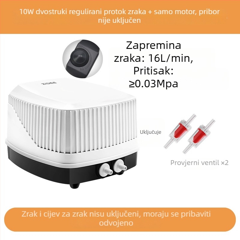 Diaphragma pumpa za kisik u akvariju, visok protok zraka, tih rad (≤35 dB), podesiv protok, AC napajanje, težina 1,5 kg, OEM/ODM podrška, licencirana privatna oznaka