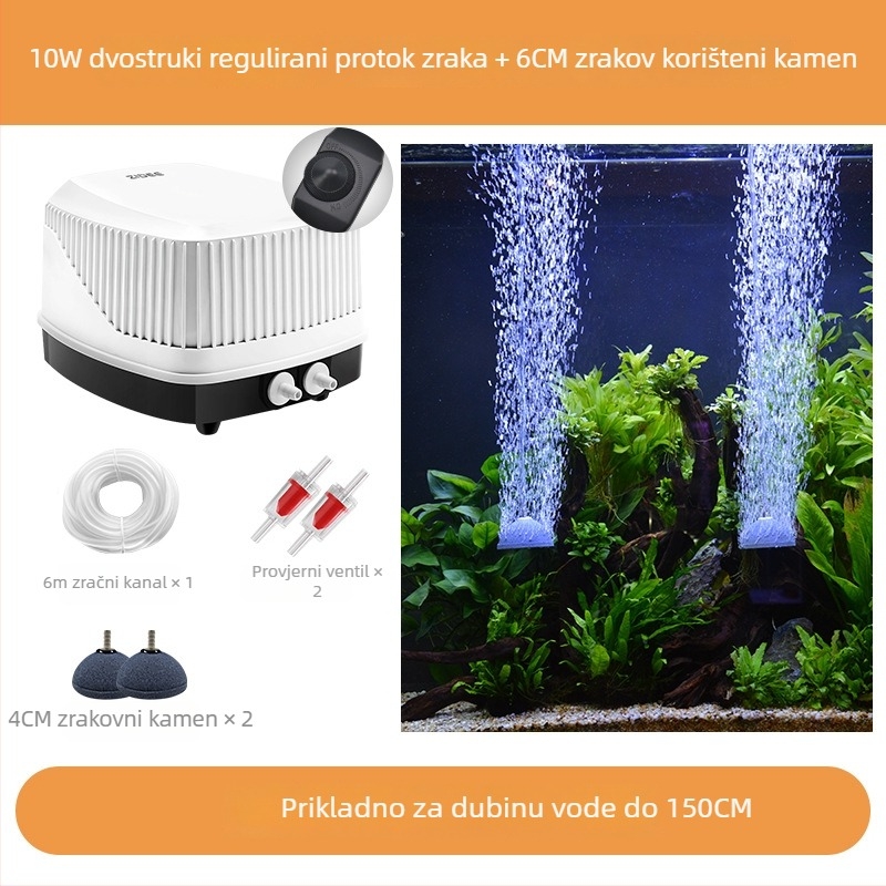 Diaphragma pumpa za kisik u akvariju, visok protok zraka, tih rad (≤35 dB), podesiv protok, AC napajanje, težina 1,5 kg, OEM/ODM podrška, licencirana privatna oznaka