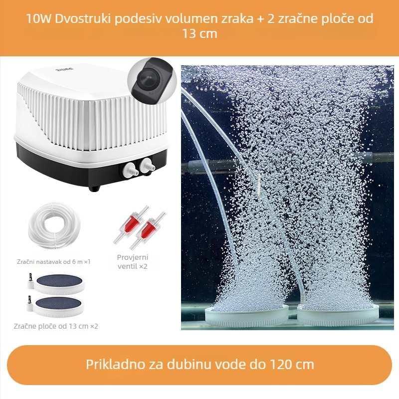 Diaphragma pumpa za kisik u akvariju, visok protok zraka, tih rad (≤35 dB), podesiv protok, AC napajanje, težina 1,5 kg, OEM/ODM podrška, licencirana privatna oznaka