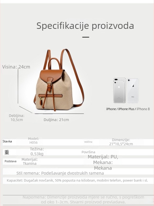 Ženski ruksak Vanessman, PU koža, gradski minimalistički stil, unutarnja džep sa zipom, podstava od poliesteru