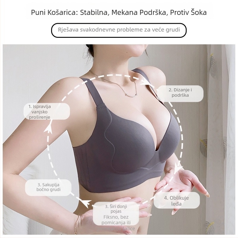 Oblikujući grudnjak s podizanjem dojki, potpuno košarica, tanke oblikovane košarice, stražnji zatvarač s četiri reda kopči, fiksne dvostruke naramenice