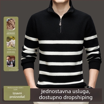 Džemper od vune — džemper s polustojnim ovratnikom, slobodan kroj, jacquard pletenina, dugi rukavi