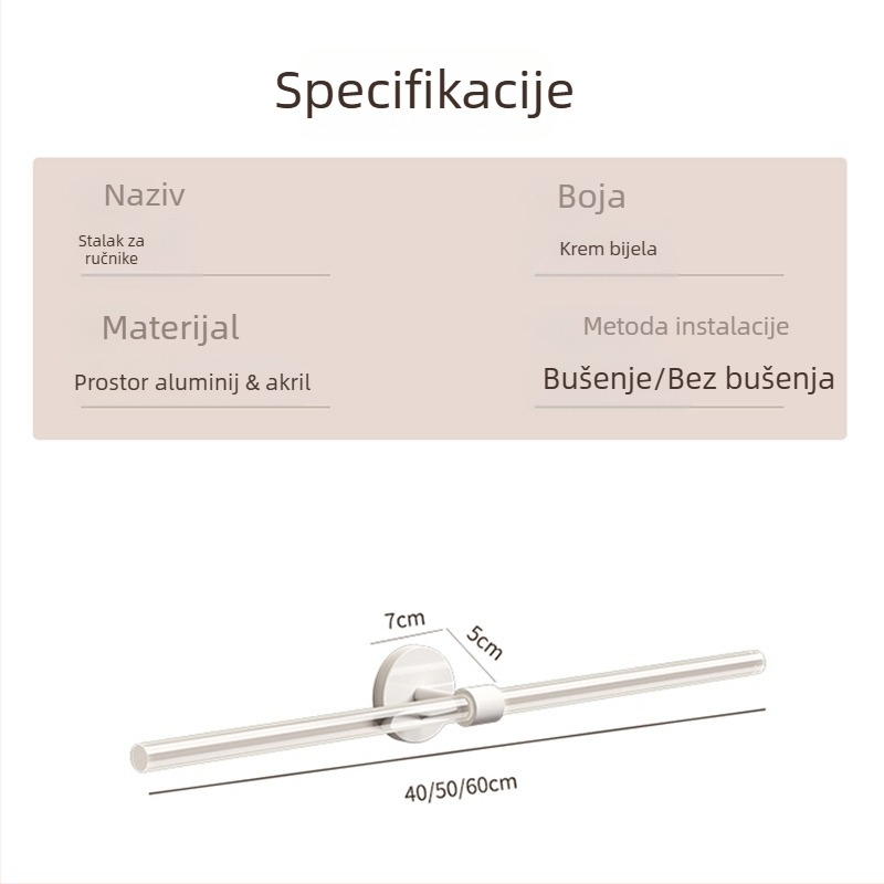Akrilni držač za ručnike u kupaonici, montaža bez bušenja; površinska obrada oksidacija; materijal: akril; nosivost >5 kg; klasifikacija: držač za ručnike.