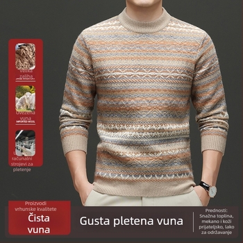 Muški pulover s okruglim izrezom, Fair Isle džakard uzorak, 100% vuna, debeo, za jesen-zimu