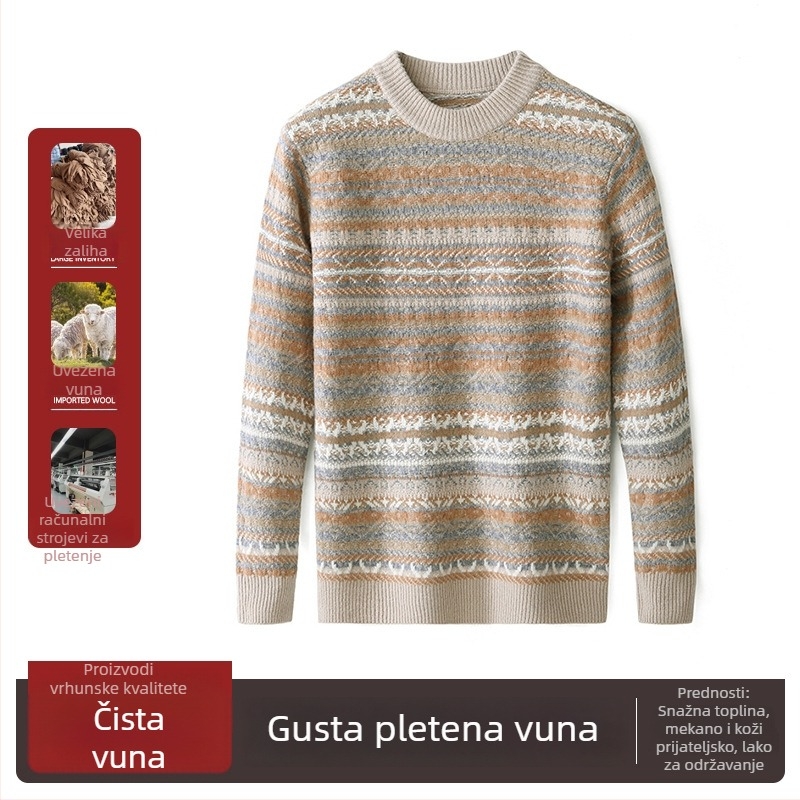 Muški pulover s okruglim izrezom, Fair Isle džakard uzorak, 100% vuna, debeo, za jesen-zimu