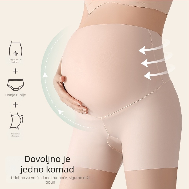 Gaćice za trudnoću sa sigurnosnom podrškom trbuha, visokim strukom, Ice Silk najlon pletena tkanina (50–70% najlon), podstava u području prepreke od vlakana regenerirane celuloze (80–90%), pogodne za sve sezone