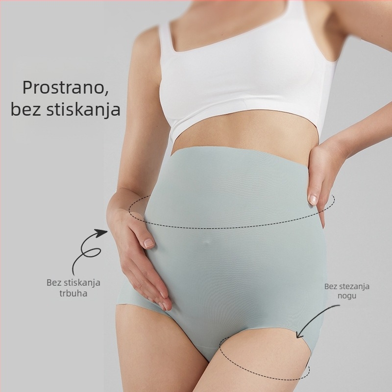 Bešavne trudničke gaćice s visokim strukom – najlon tkanina (70–80%), podstava od viskoze u području prepona, podrška trbuha, podizanje bokova