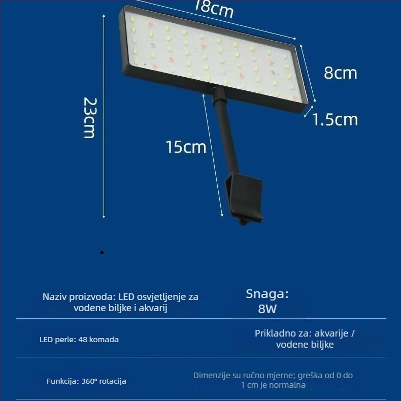 LED klipsa za akvarij, 8W, energetski učinkovit, potpuno spektra za vodene biljke
