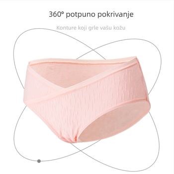 Trudničke gaćice s niskim strukom, prozračne i antibakterijske, jacquard tkanina; glavni materijal 90–95% pamuk, podstava prepona 50–70% pamuk