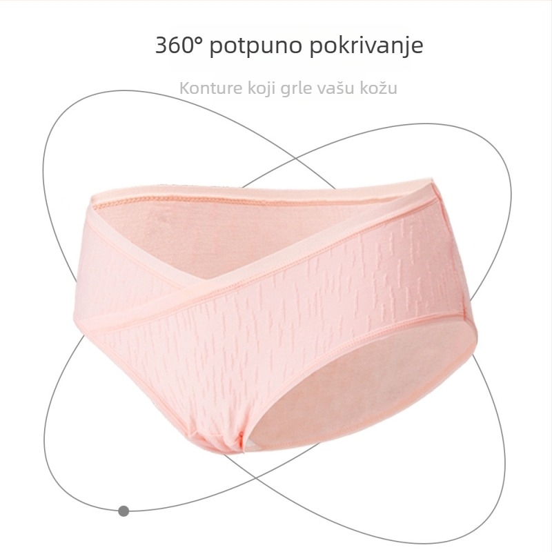 Trudničke gaćice s niskim strukom, prozračne i antibakterijske, jacquard tkanina; glavni materijal 90–95% pamuk, podstava prepona 50–70% pamuk