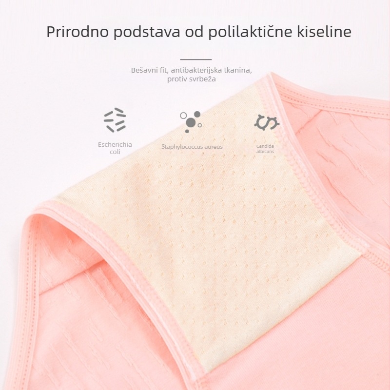 Trudničke gaćice s niskim strukom, prozračne i antibakterijske, jacquard tkanina; glavni materijal 90–95% pamuk, podstava prepona 50–70% pamuk