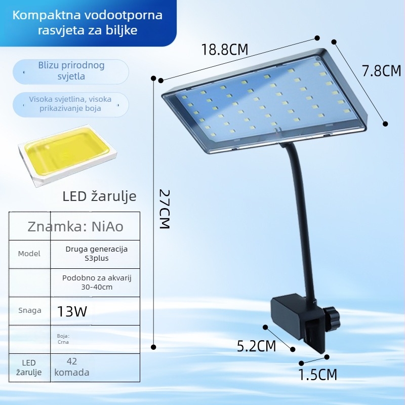 LED lampa za akvarij s punim spektrom za vodene biljke, klips dizajn, 8W, PVC konstrukcija, energetska štednja, marka Niaoxiguang