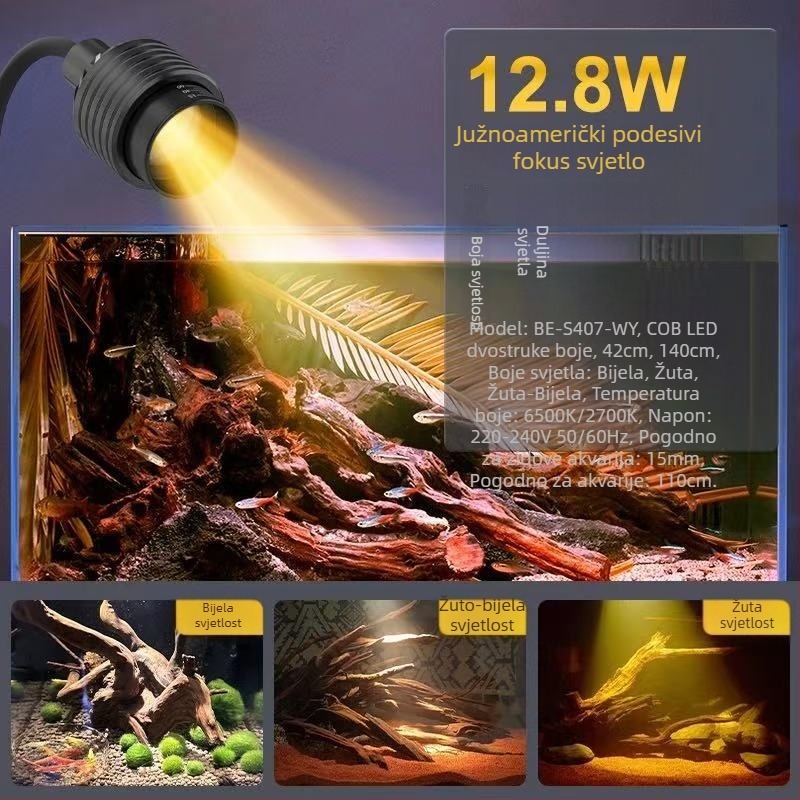 LED klip svjetlo za akvarij u stilu Južne Amerike, aluminijsko kućište, podesivo fokusiranje, 8–18W