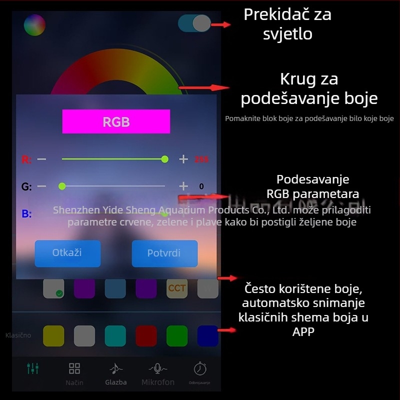 LED svjetlo za akvarij s PC kućištem, vodootporno pametno osvjetljenje s vremenskim upravljanjem i podešavanjem boje putem aplikacije, 65W, 0,5 kg