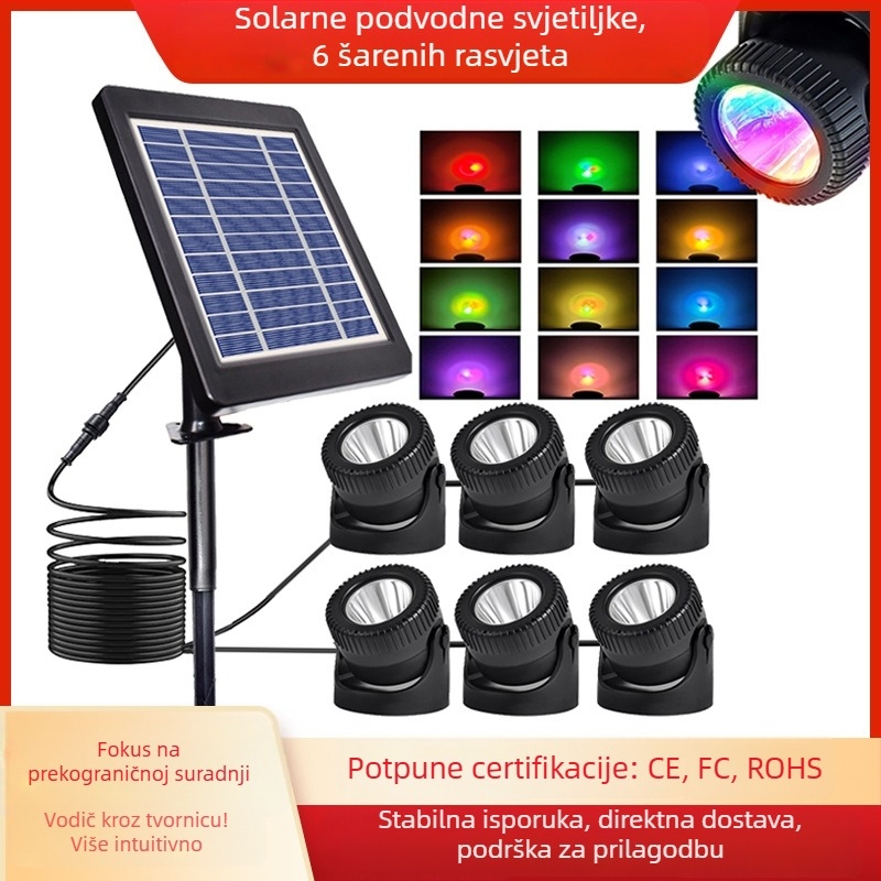Solarne podvodne LED svjetla za bazen, 6-glava RGB promjena boje, 6V/4W, 4400mAh, Automatski ciklus
