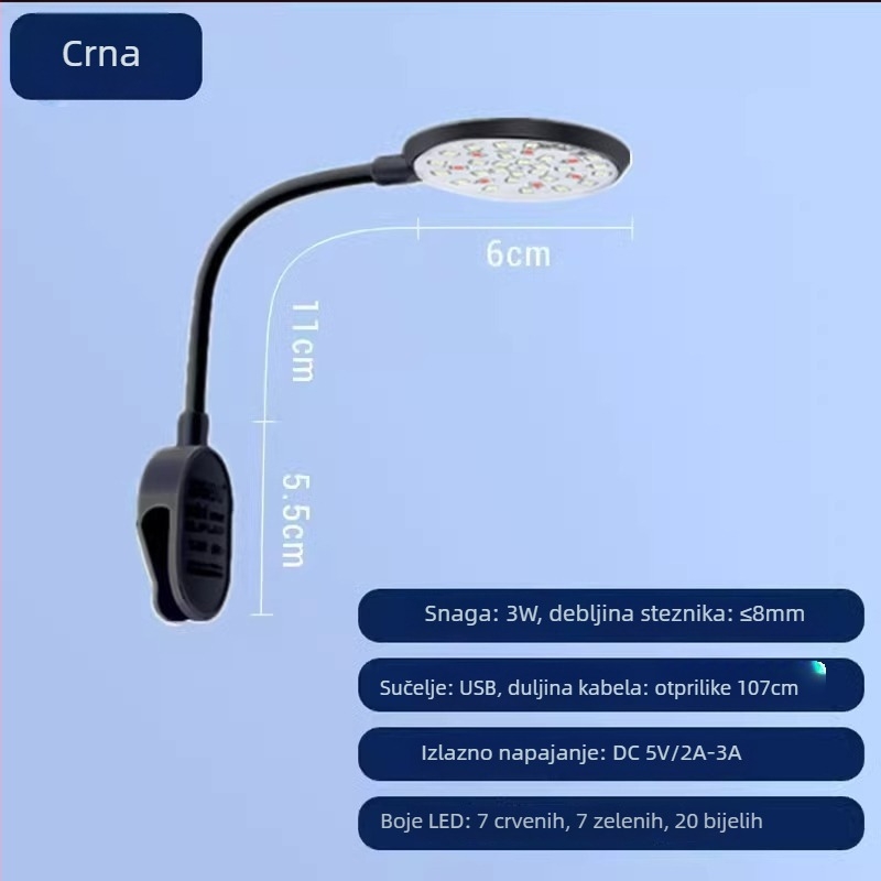 Klip LED svjetlo za akvarij, USB napajanje, podesiva jačina, dopunsko osvjetljenje za ribice i vodene biljke