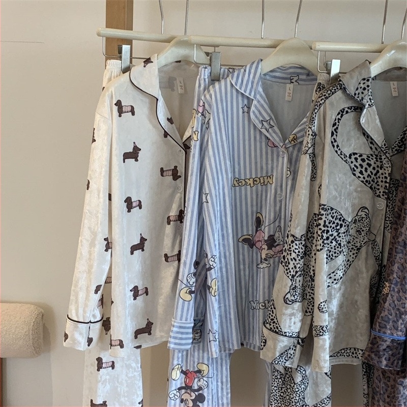 Zimski ženski velvet set pidžama – luksuzan, topao kućni set s dijamantnom vezom, preklopni ovratnik, dugi rukavi i dugi hlače