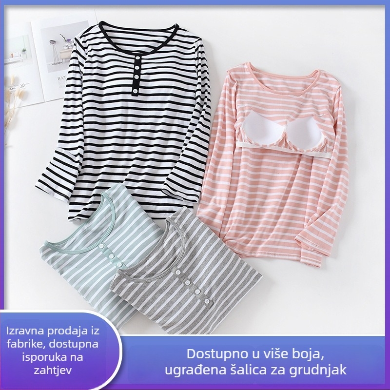 Ženski pidžama top od čiste pamuka, okrugli vrat, dugi rukavi, srednja gustoća tkanine (161–180 g/m²)