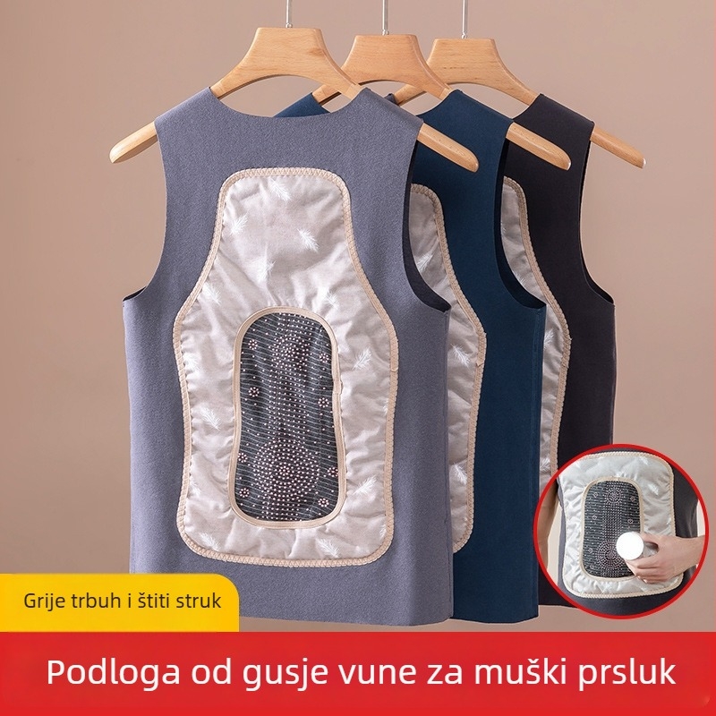 Muška down vesta s fleece podstavom, dvostruki sloj, prednje vezanje špage, okrugli vrat, debljina 401–500 g/m²