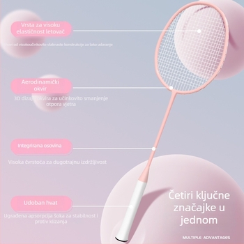 Reket za badminton, dvostruki paket – okvir od željezo-legirane legure, najlon strune, težina 95–100 g, jednostruka konstrukcija, drška G2