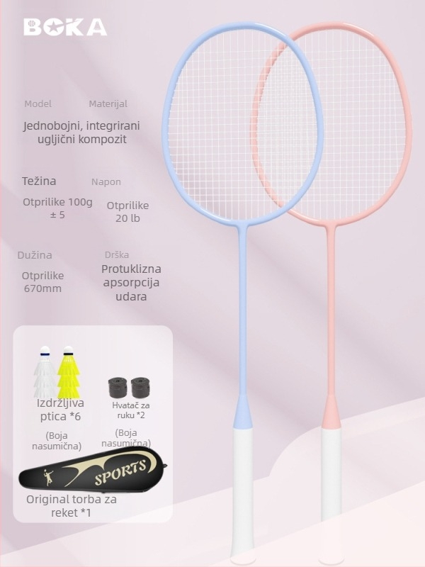 Reket za badminton, dvostruki paket – okvir od željezo-legirane legure, najlon strune, težina 95–100 g, jednostruka konstrukcija, drška G2