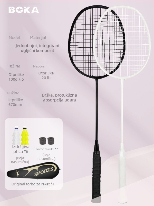 Reket za badminton, dvostruki paket – okvir od željezo-legirane legure, najlon strune, težina 95–100 g, jednostruka konstrukcija, drška G2