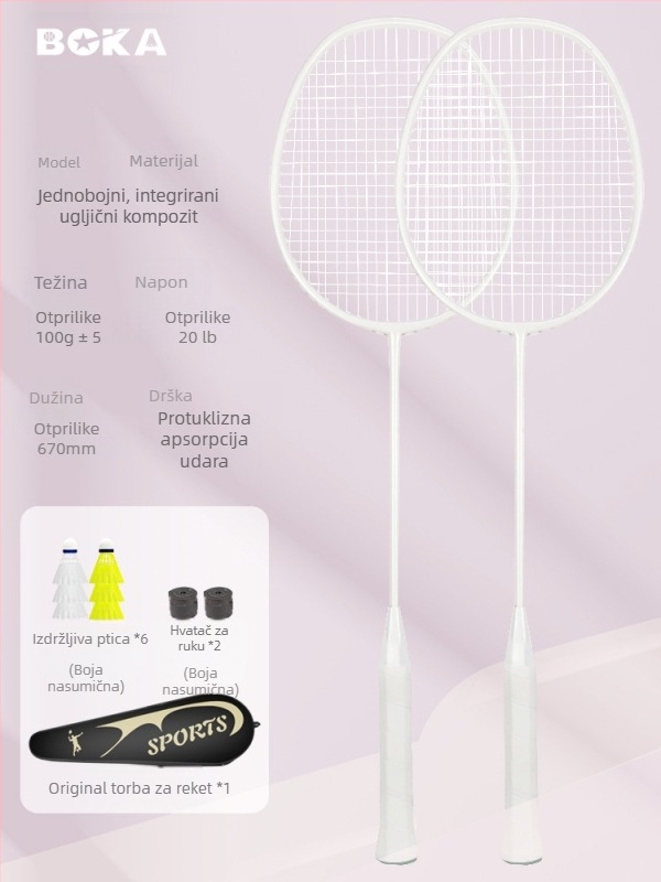 Reket za badminton, dvostruki paket – okvir od željezo-legirane legure, najlon strune, težina 95–100 g, jednostruka konstrukcija, drška G2