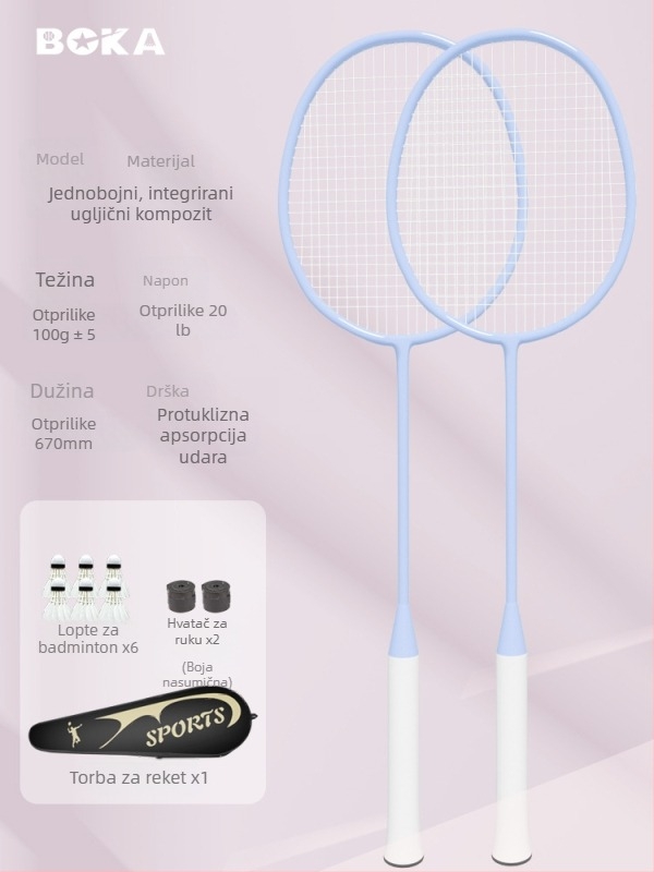 Reket za badminton, dvostruki paket – okvir od željezo-legirane legure, najlon strune, težina 95–100 g, jednostruka konstrukcija, drška G2