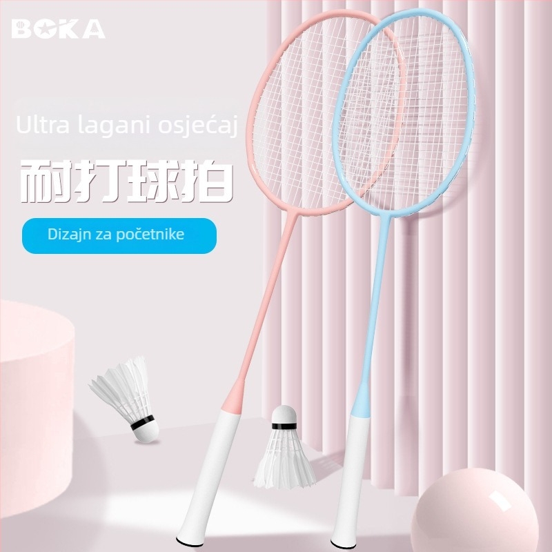 Reket za badminton, dvostruki paket – okvir od željezo-legirane legure, najlon strune, težina 95–100 g, jednostruka konstrukcija, drška G2