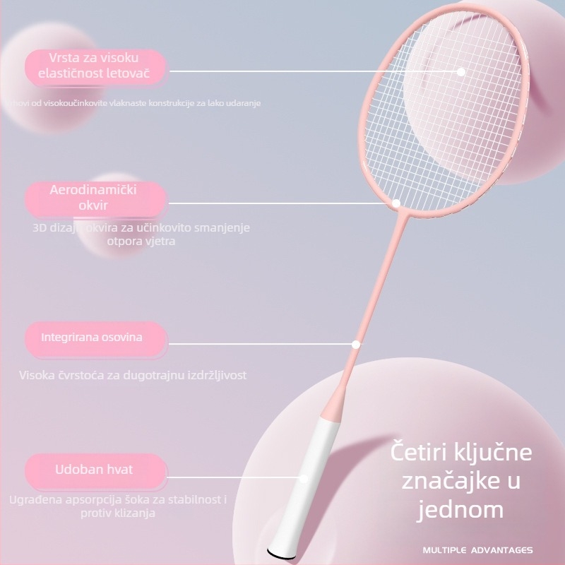 Reket za badminton, dvostruki paket – okvir od željezo-legirane legure, najlon strune, težina 95–100 g, jednostruka konstrukcija, drška G2