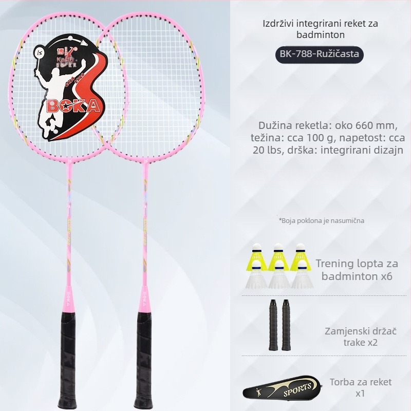 Reket za badminton, dvostruki paket – okvir od željezo-legirane legure, najlon strune, težina 95–100 g, jednostruka konstrukcija, drška G2