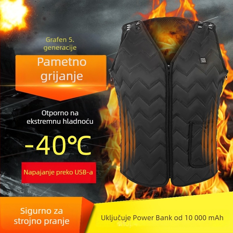 Električna grijana vesta, V-izrez, zatvarač, karirano pamuk materijal, tanko