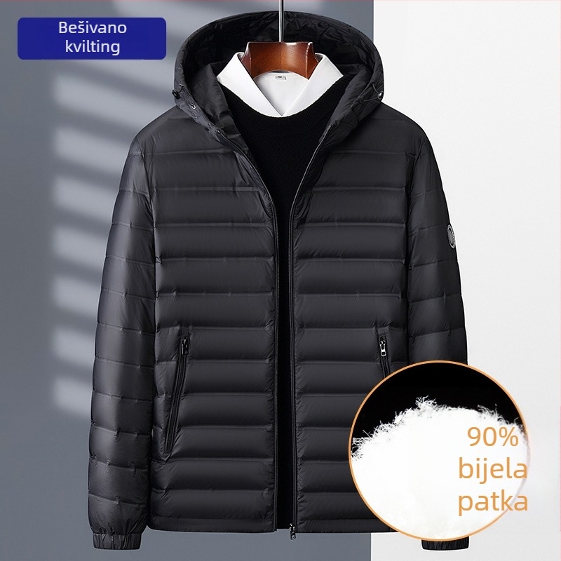 Muška jakna s perjem, lagana, kapuljača, tanka, od poliester materijala, 85–90% bijelog gusjeg perja