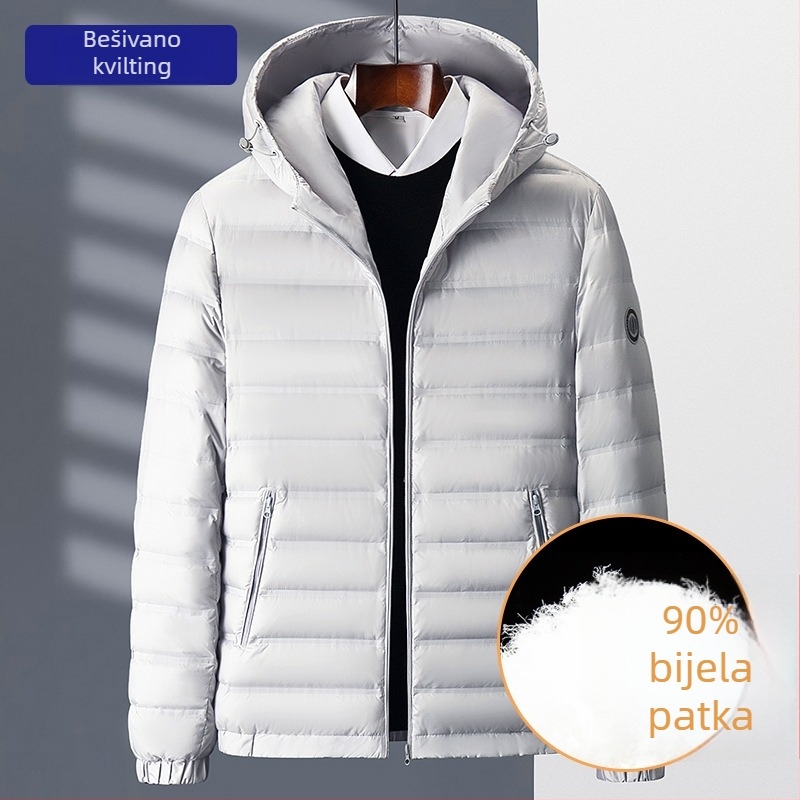Muška jakna s perjem, lagana, kapuljača, tanka, od poliester materijala, 85–90% bijelog gusjeg perja