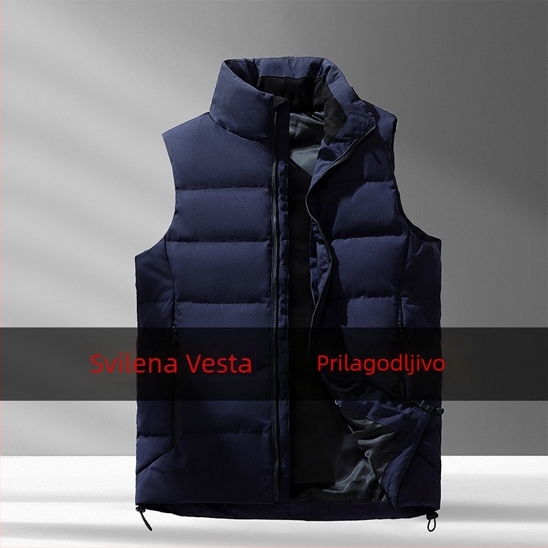 Muška down vesta, korejskog stila, normalan kroj, stojeći ovratnik, punilo: bijeli patka perje, vanjski materijal: poliester, podstava: poliester, jesen-zima, casual