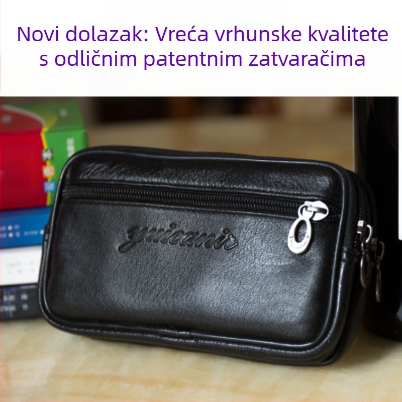 Muška torbica za telefon od prave kože — prvoklasna koža, zatvarač, pretinac za ID, vodoravni kvadratni oblik, torba za pojas