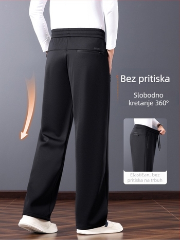 Muške fleece-odijeljene sportske hlače, visokim pojasom, ravni kroj, višestruke džepove, najlonska smjesa (52% najlon, 41% viskoz, 7% spandex), zimska toplina