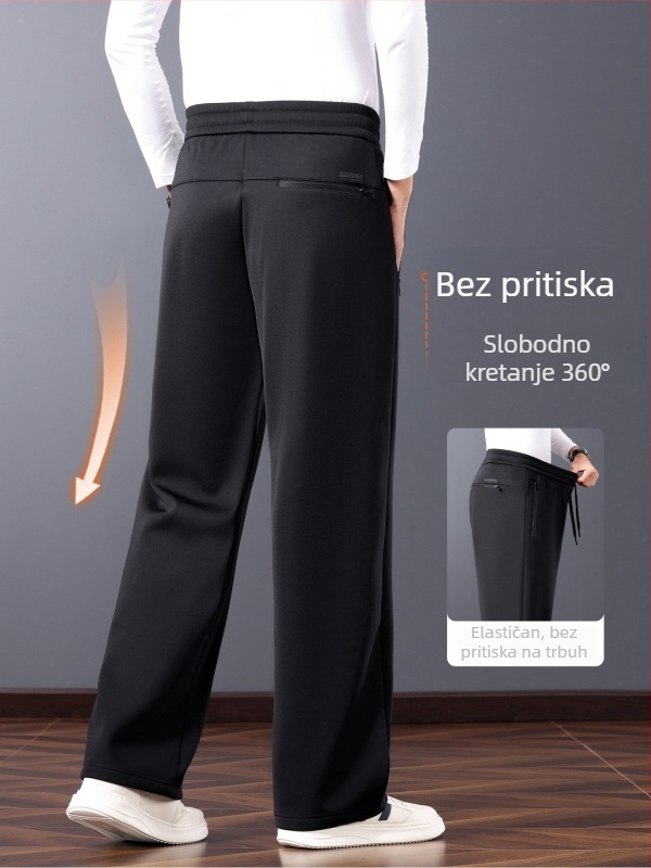 Muške fleece-odijeljene sportske hlače, visokim pojasom, ravni kroj, višestruke džepove, najlonska smjesa (52% najlon, 41% viskoz, 7% spandex), zimska toplina