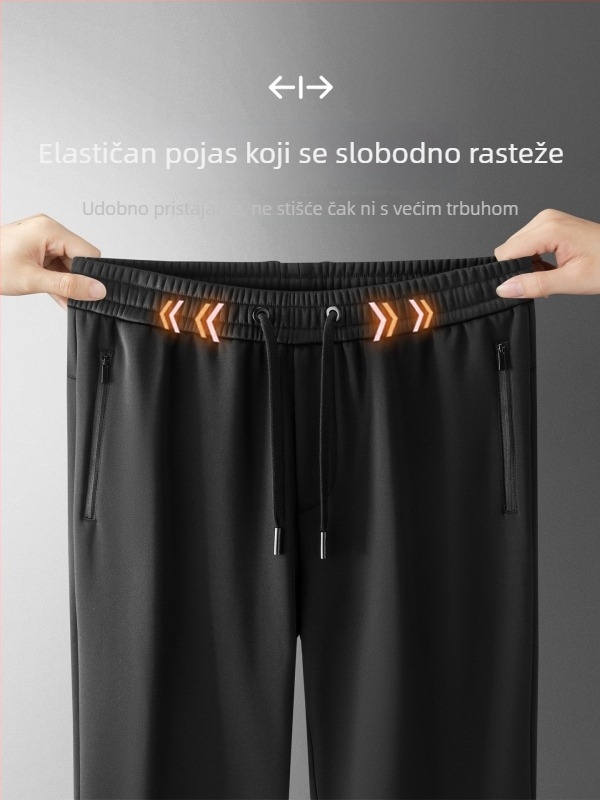 Muške fleece-odijeljene sportske hlače, visokim pojasom, ravni kroj, višestruke džepove, najlonska smjesa (52% najlon, 41% viskoz, 7% spandex), zimska toplina